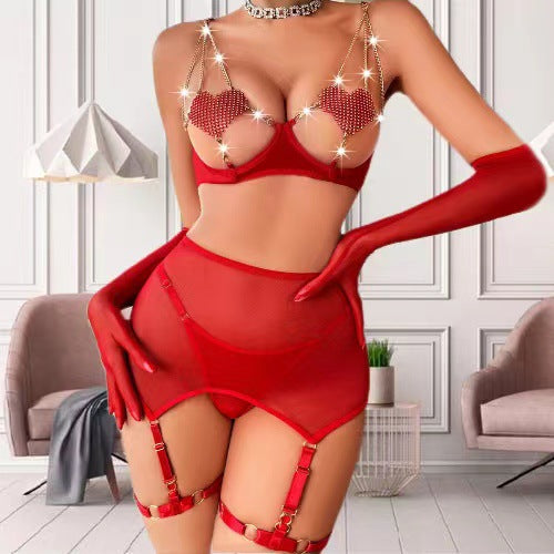 High quality and fun lingerie chest revealing love chain sexy perspective women mesh five piece set