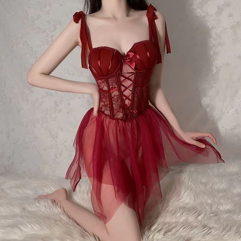 New Sexy underwear See through mesh with Bra pad steel ring gathered Satin nightdress Sexy pajamas