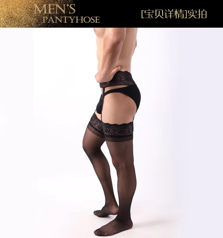 new men's long tube splicing stockings false sex appeal pantyhose suspenders integrated silk