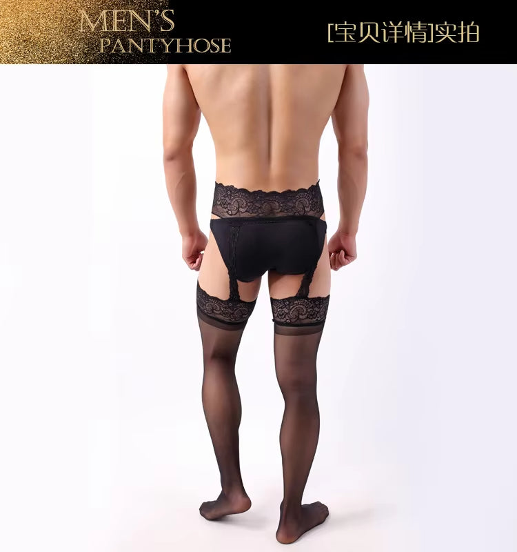 new men's long tube splicing stockings false sex appeal pantyhose suspenders integrated silk