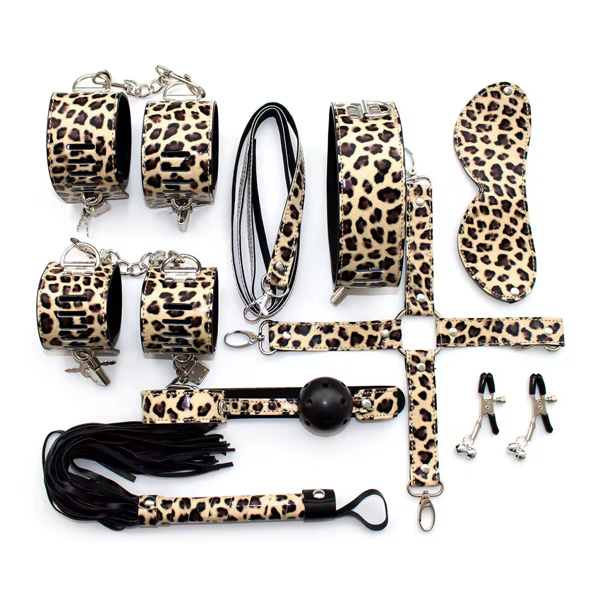 Leopard Print Sex Toys For Woman PU Leather BDSM Bondage Set Handcuffs Ankle Cuff Whip Rope Blindfold