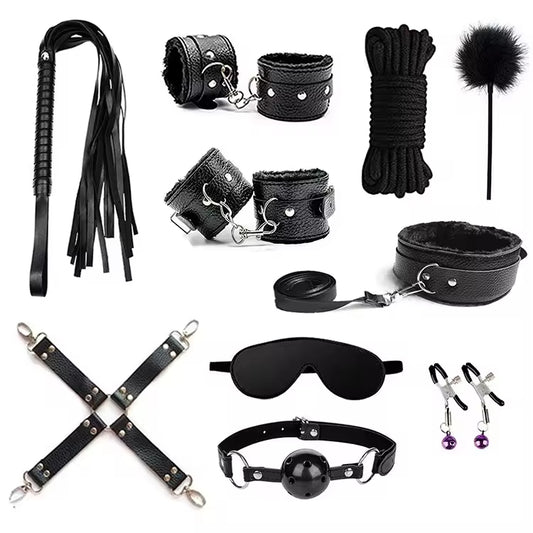 10Pcs set Sex Toys For Woman PU Leather SM Bondage Set Hand Cuffs Footcuff Whip Rope Blindfold Erotic