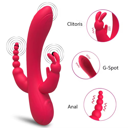 Multifunction Rabbit Vibrator G-spot and P-spot Anal Triple Curve Rechargeable Dildo for Women Clit Stimulator