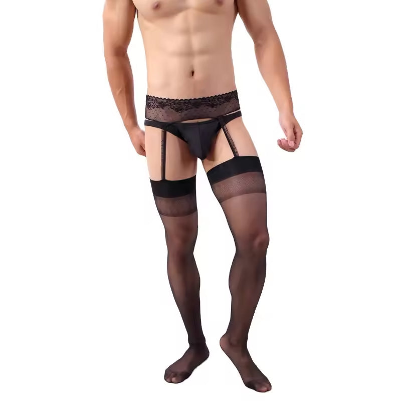 new men's long tube splicing stockings false sex appeal pantyhose suspenders integrated silk