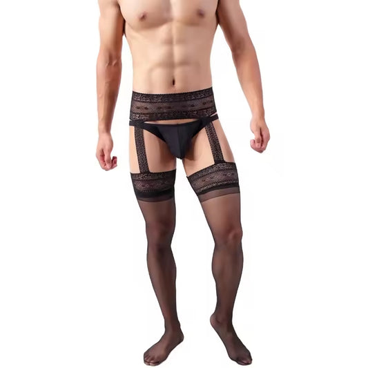 new men's long tube splicing stockings false sex appeal pantyhose suspenders integrated silk