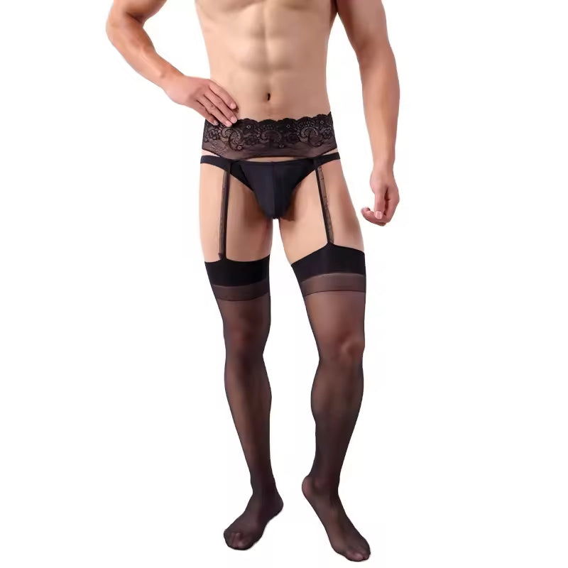 new men's long tube splicing stockings false sex appeal pantyhose suspenders integrated silk