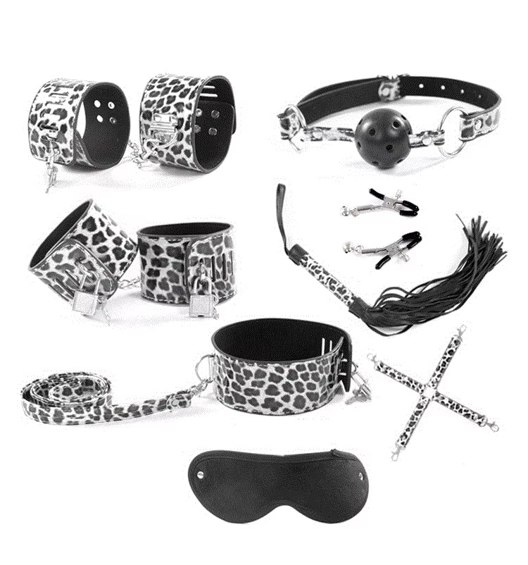 Leopard Print Sex Toys For Woman PU Leather BDSM Bondage Set Handcuffs Ankle Cuff Whip Rope Blindfold