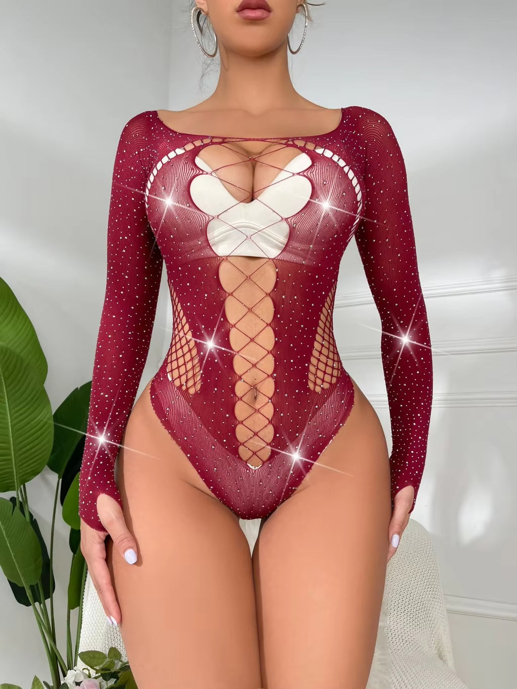 Hot with Diamond Shiny Sexy Underwear Long Sleeve Net jumpsuit Sexy Silk Stockings